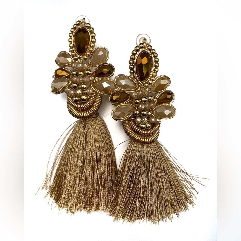 Blue, brown, beige, tan, gold wirewrap handmade earrings